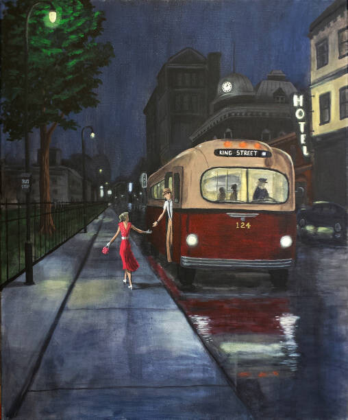 Ilustrace 50s Couple Exits Bus at Night., Dave Rheaume Artist, 35 × 40 cm