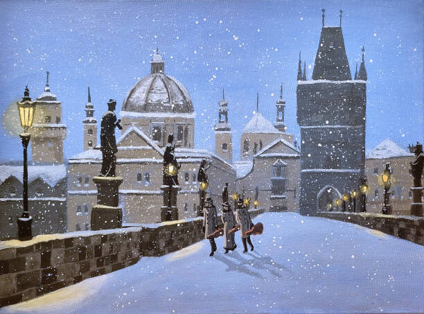 Ilustrace Prague Musicians Cross the Karluv Most, Dave Rheaume Artist, 40 × 30 cm