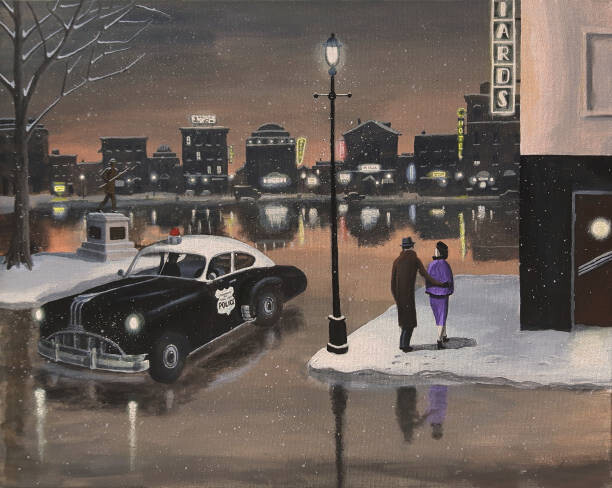 Ilustrace Police Car Patrolling Town at Night., Dave Rheaume Artist, 40 × 30 cm