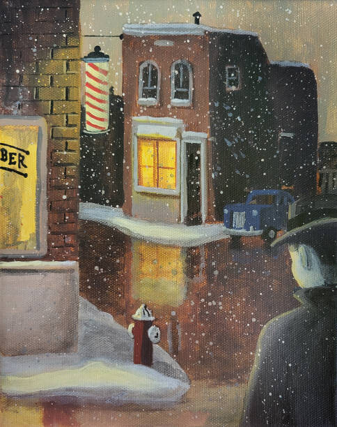 Ilustrace 1950s scene man approaching barber shop at night., Dave Rheaume Artist, 30 × 40 cm