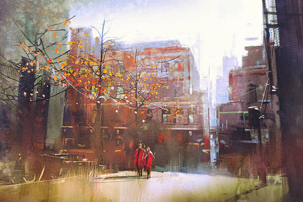 Ilustrace couple in red walking on street of city, Grandfailure, 40 × 26.7 cm