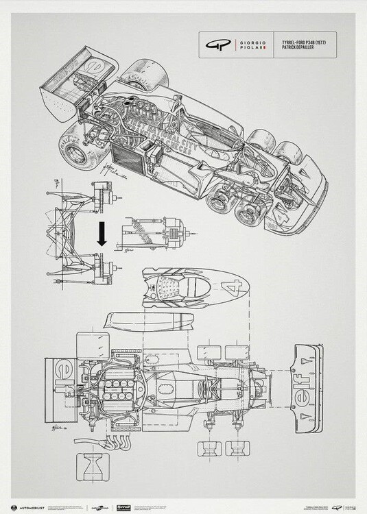 Umělecký tisk Giorgio Piola Technical Drawing - Tyrrell P34B - 1977 l Unlimited Poster, 50 × 70 cm