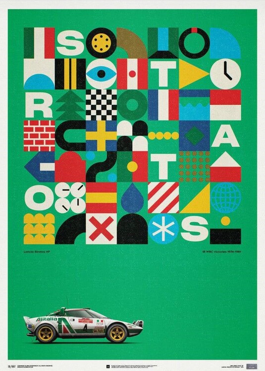 Umělecký tisk Lancia Stratos HF - Green - Alitalia - 1974 - Limited Poster, 50 × 70 cm