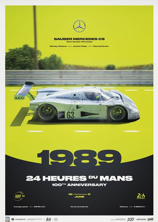 Levně Umělecký tisk Sauber Mercedes C9 - 24h Le Mans - 100th Anniversary - 1989, Automobilist, 50 × 70 cm