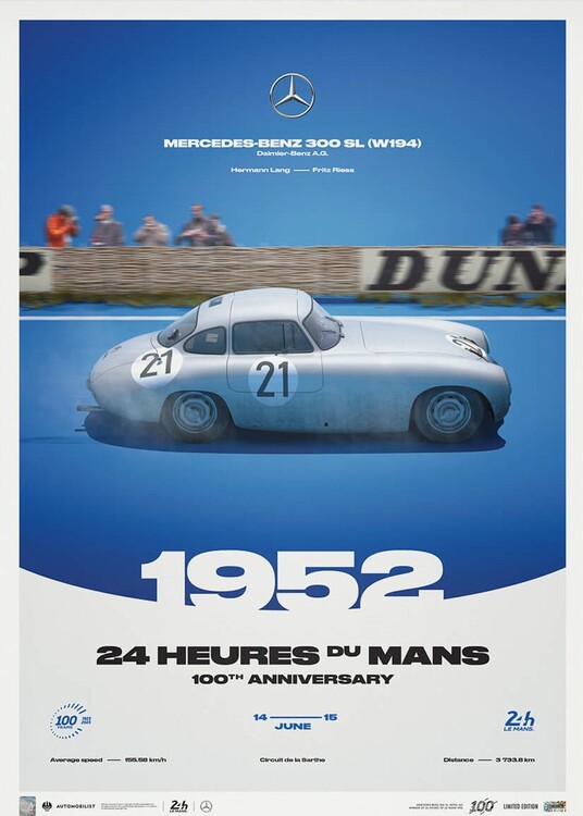 Levně Umělecký tisk Mercedes 300 SL - 24h Le Mans - 100th Anniversary - 1952, Automobilist, 50 × 70 cm