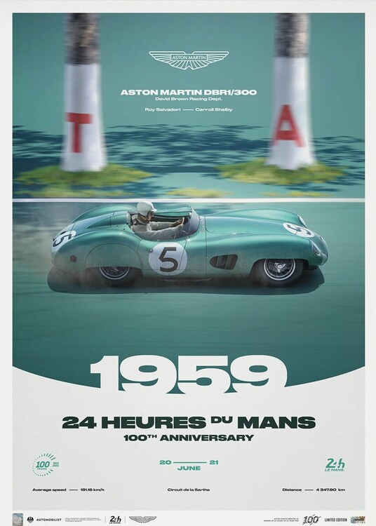 Levně Umělecký tisk Aston Martin DBR1/300 - 24h Le Mans - 100th Anniversary - 1959, Automobilist, 50 × 70 cm