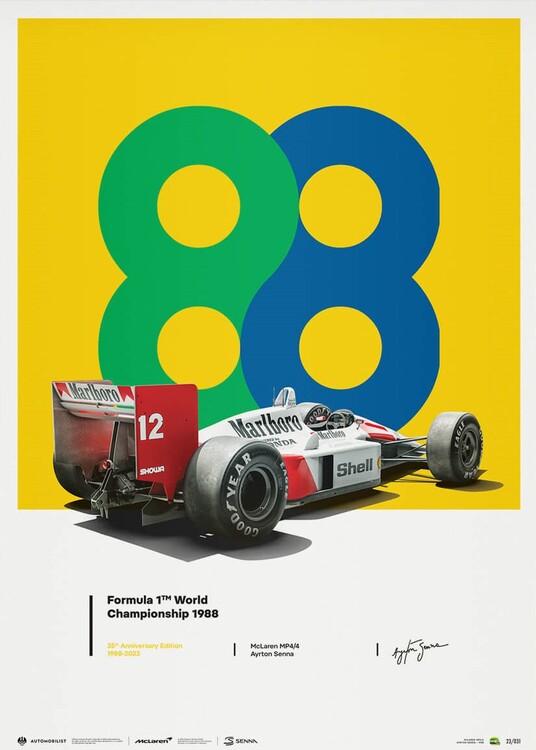 Levně Umělecký tisk McLaren MP4/4 - Ayrton Senna - 88 - San Marino GP - 35th Anniversary - 1988, Automobilist, 50 × 70 cm