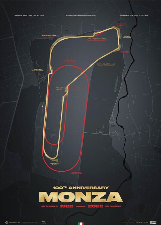 Umělecký tisk Monza Circuit - Track Evolution - 100th Anniversary, 50 × 70 cm