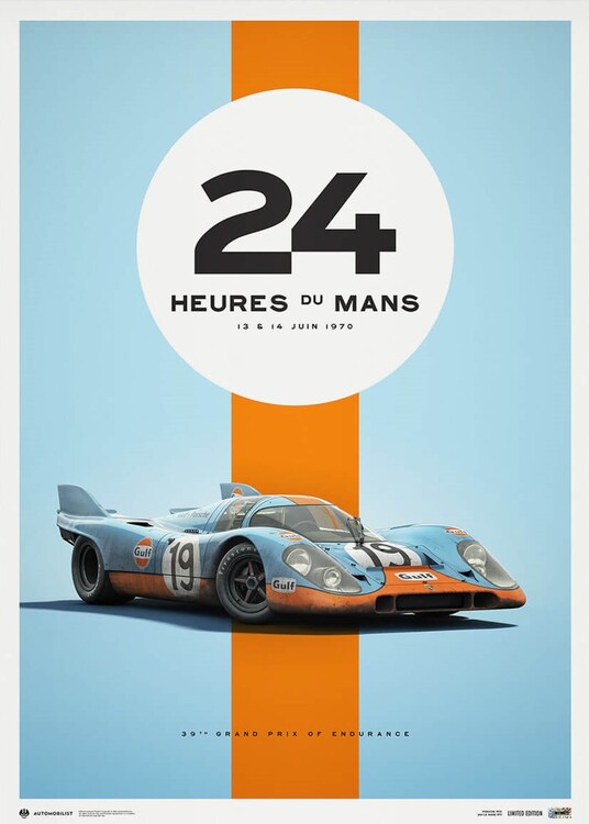 Umělecký tisk Porsche 917 - Gulf - 24h Le Mans - 1971 - Limited Poster Re-edition, 50 × 70 cm