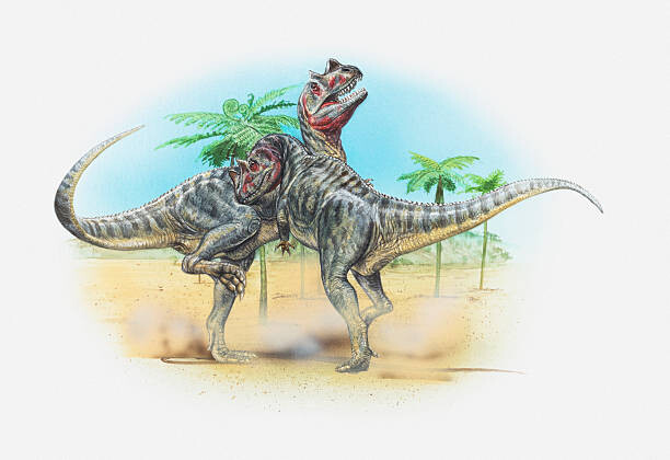 Ilustrace Illustration of two male Ceratosaurus dinosaurs, Dorling Kindersley, 40 × 26.7 cm