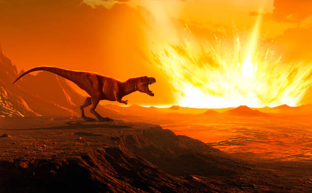 Ilustrace Tyrannosaurus observing asteroid impact, illustration, MARK GARLICK/SCIENCE PHOTO LIBRARY, 40 × 24.6 cm