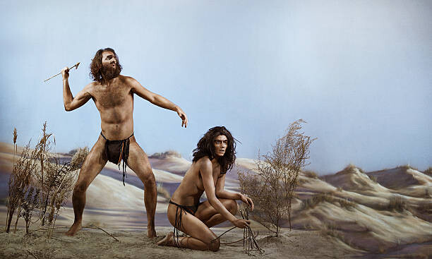 Ilustrace Prehistoric man next to  woman kneeling, Rebecca Handler, 40 × 24.6 cm