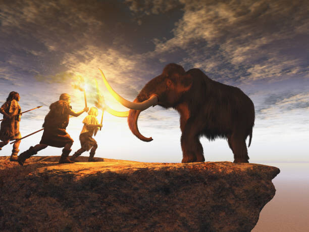 Ilustrace Prehistoric men hunting a young mammoth, estt, 40 × 30 cm