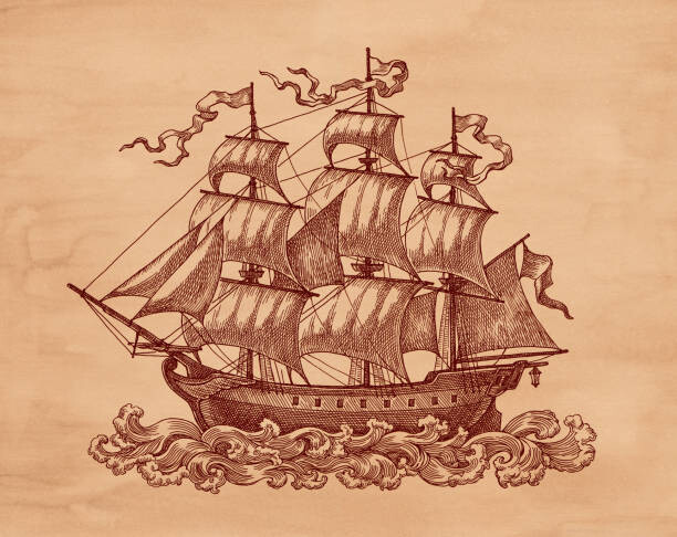 Ilustrace Ship on brown old paper., Natalia Barashkova, 40 × 30 cm