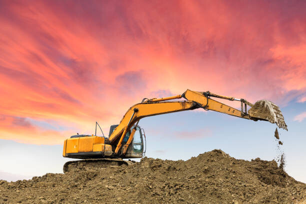 Ilustrace excavator in construction site on sunset sky, zhaojiankang, 40 × 26.7 cm