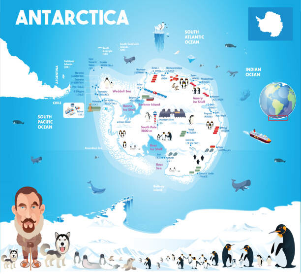 Levně Plakát, Obraz - Map of Antarctica with Penguins and, drmakkoy, 40 × 40 cm