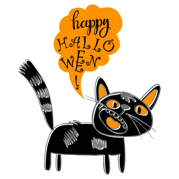 Ilustrace Happy Halloween! Black cat. Vector cartoon, aqua_marinka, 40 × 40 cm