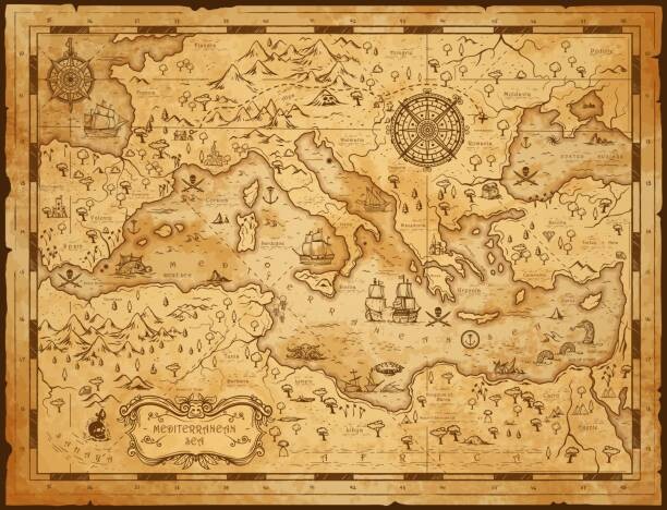 Plakát, Obraz - Old vintage map of Mediterranean sea, pirate sail, seamartini, 40 × 30 cm