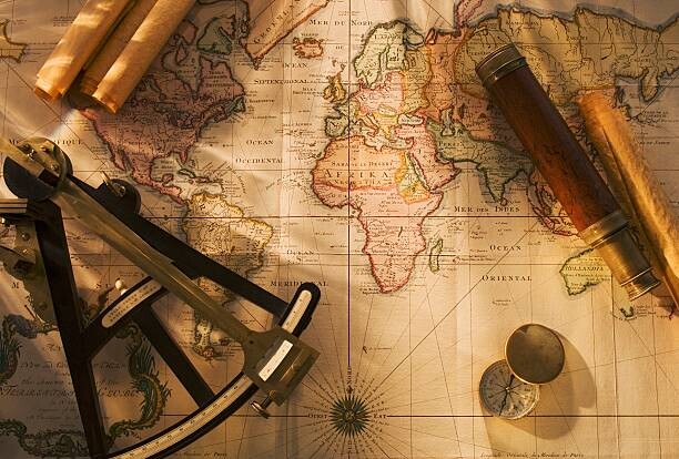 Levně Plakát, Obraz - Octant, compass and telescope on nautical map, Tetra Images, 40 × 26.7 cm