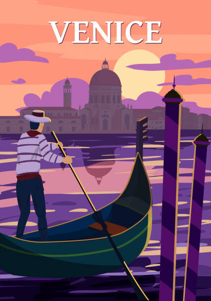 Ilustrace Venice Italia Poster retro style. Sunset, VectorUp, 26.7 × 40 cm