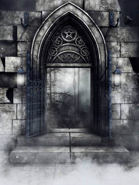 Levně Plakát, Obraz - Gothic stone gate with lanterns, FairytaleDesign, 30 × 40 cm
