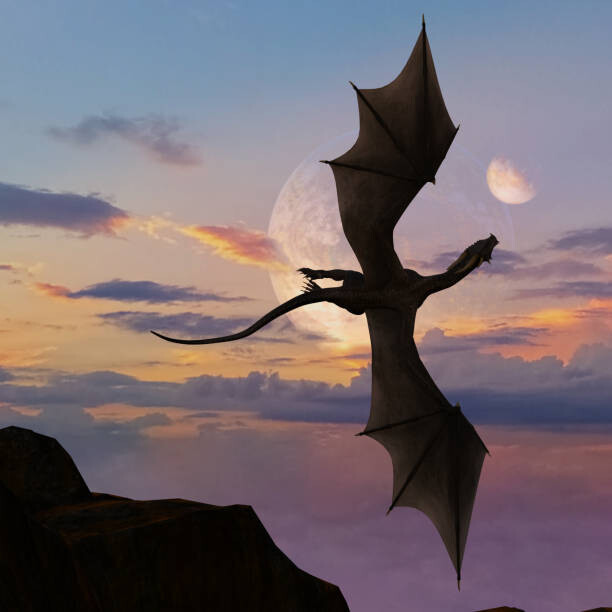 Levně Plakát, Obraz - Illustration of single horned dragon soaring, BWFolsom, 40 × 40 cm