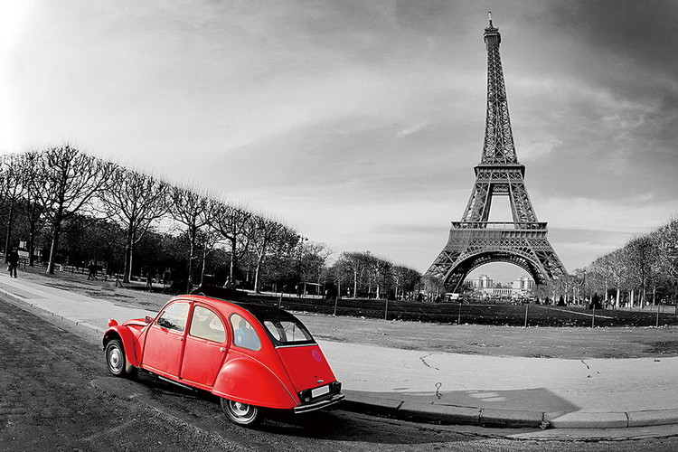 Glasbilder Paris - Red Car b&w