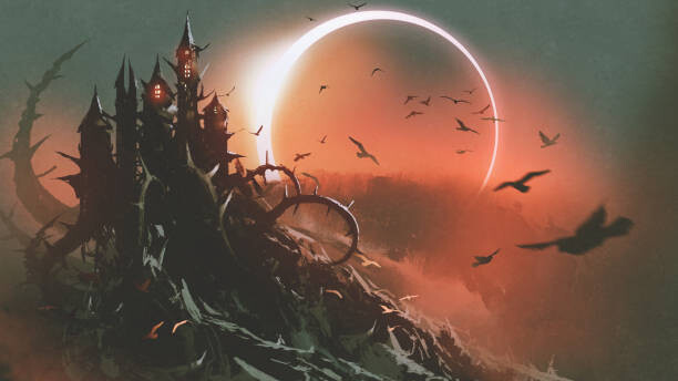Ilustrace castle of thorn with solar eclipse in dark sky, Grandfailure, 40 × 22.2 cm