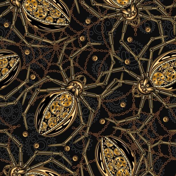 Ilustrace Pattern with robotic spider, spider web of chains, Olga Arsentyeva, 40 × 40 cm