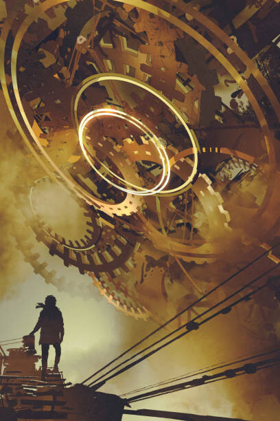 Ilustrace man standing against many big golden gears, Grandfailure, 26.7 × 40 cm