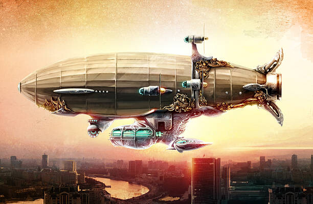 Levně Plakát, Obraz - Dirigible balloon in the sky over a city, Rustic, 40 × 26.7 cm