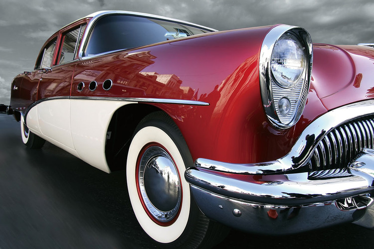 Glasbilder Red Cadillac b&w