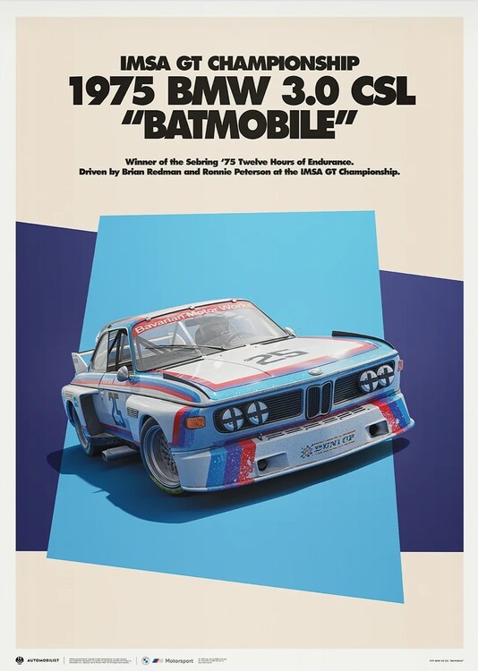Levně Umělecký tisk BMW 3.0 CSL Batmobile 1975 - BMW Art Car Series - BMW M Poster, 50 × 70 cm