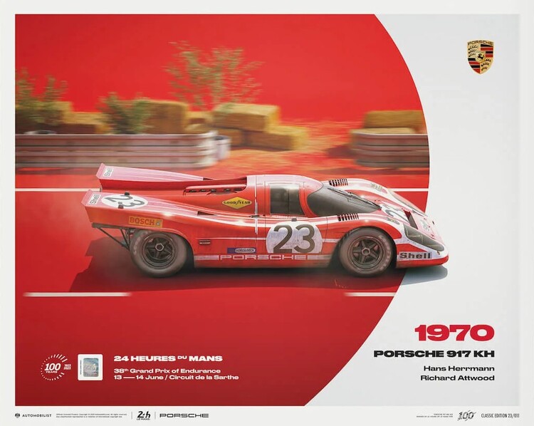 Levně Umělecký tisk Porsche 917 KH - 1970 100th Anniversary - 24h Le Mans Poster, 40 × 50 cm