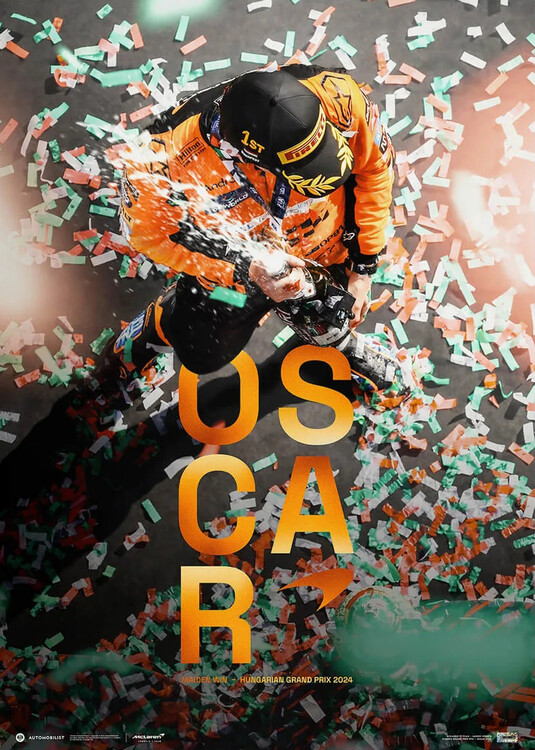Levně Umělecký tisk McLaren Formula 1 Team - Oscar Piastri - Maiden Grand Prix Win - Hungary - 2024 -Collector’s Edition, Automobilist, 50 × 70 cm