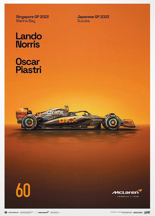 Umělecký tisk McLaren Formula 1 Team - 2023 Stealth Mode 60th Anniversary - Unique Numbers McLaren Poster, 50 × 70 cm