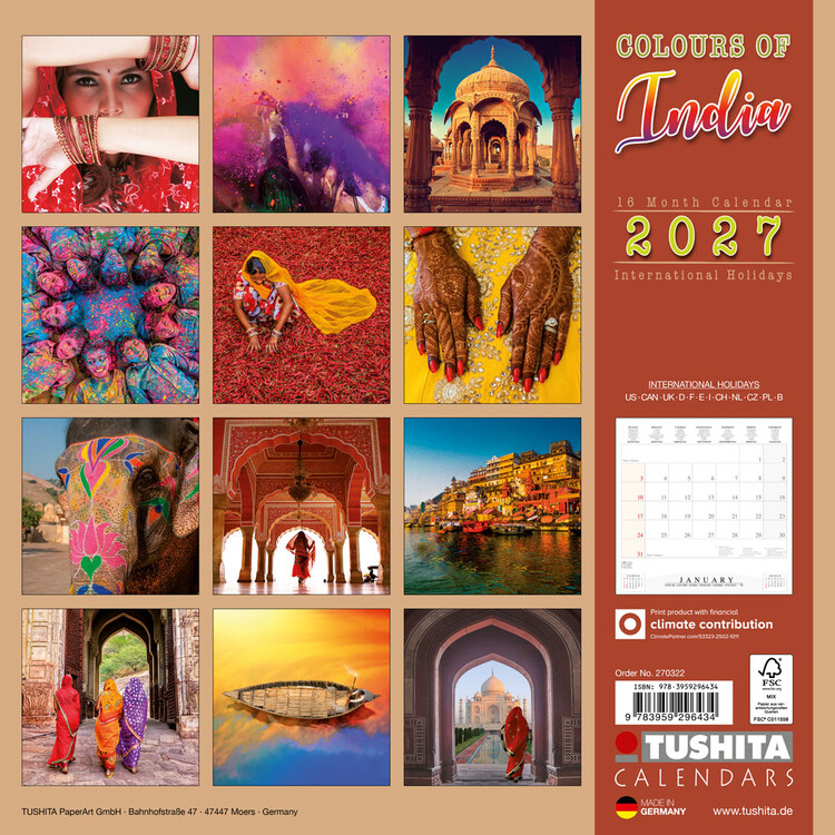 Kalender 2027 Indiens färger | 16-månaders