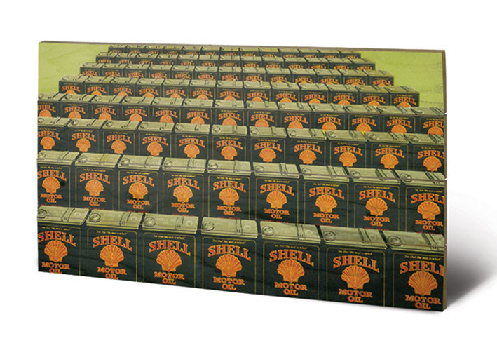 Levně Dřevěný obraz Shell - Motor Oil Cans In Line, 1925, 59 × 40 cm