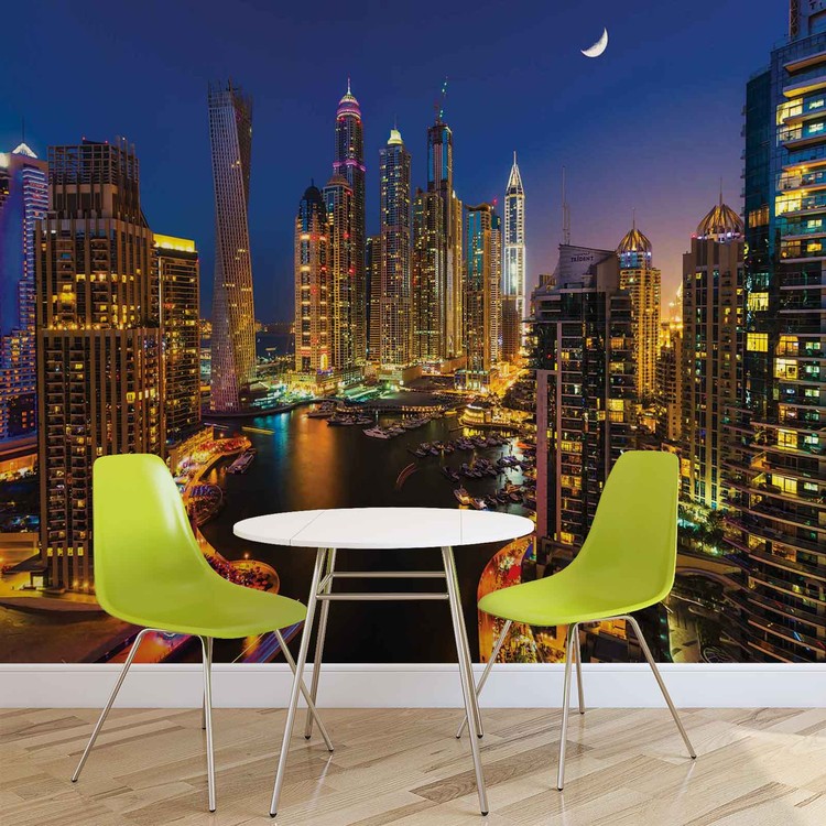 Behang Città Dubai Grattacielo Notte