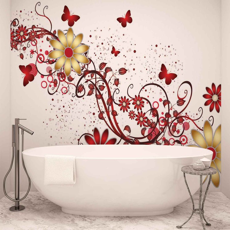 Wall Mural Flowers Butterflies Pattern Red