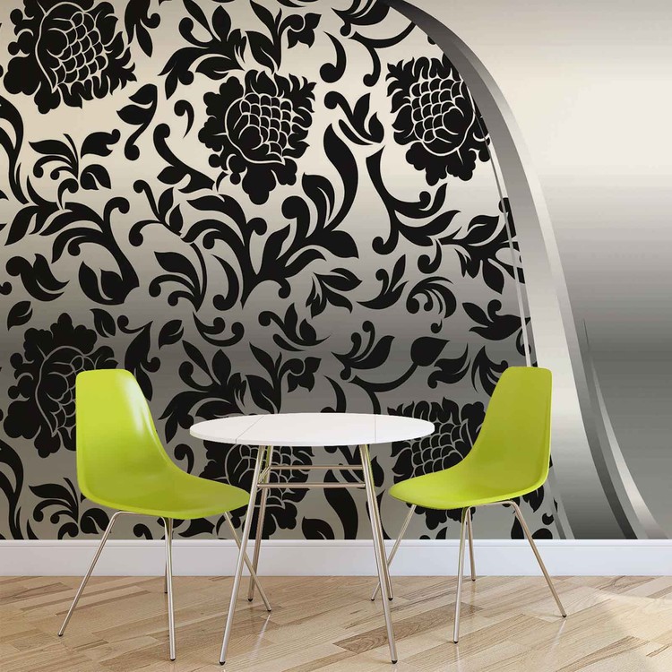 Behang Black Silver Flower Pattern