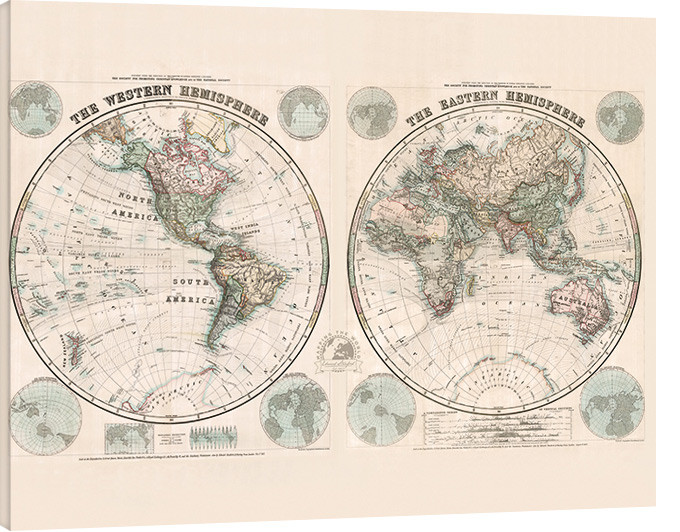 Obraz na plátně Stanfords Eastern and Western Hemispheres Map - 1877