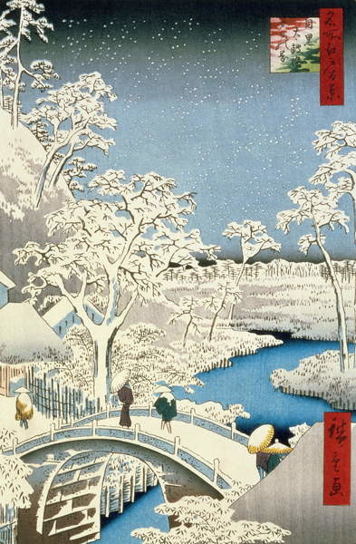 Ando or Utagawa Hiroshige - Obrazová reprodukce Drum bridge and Setting Sun Hill at Meguro,, (26.7 x 40 cm)