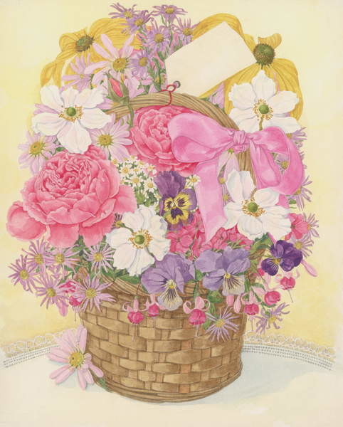 Levně Plakát, Obraz - Basket of Flowers, 1995, Linda Benton, 30 × 40 cm