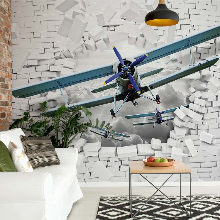 Carta da parati 3D Plane Bursting Through Brick Wall