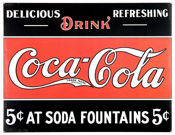 Metallschild COKE 5c AT FOUNTAIN