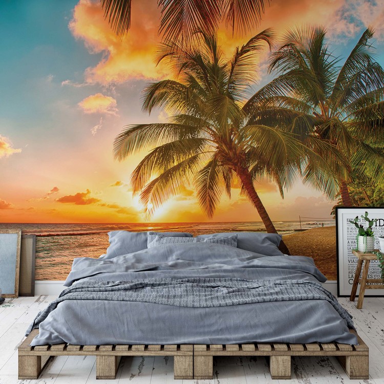 Behang Tropical Beach Sunset Palm Trees