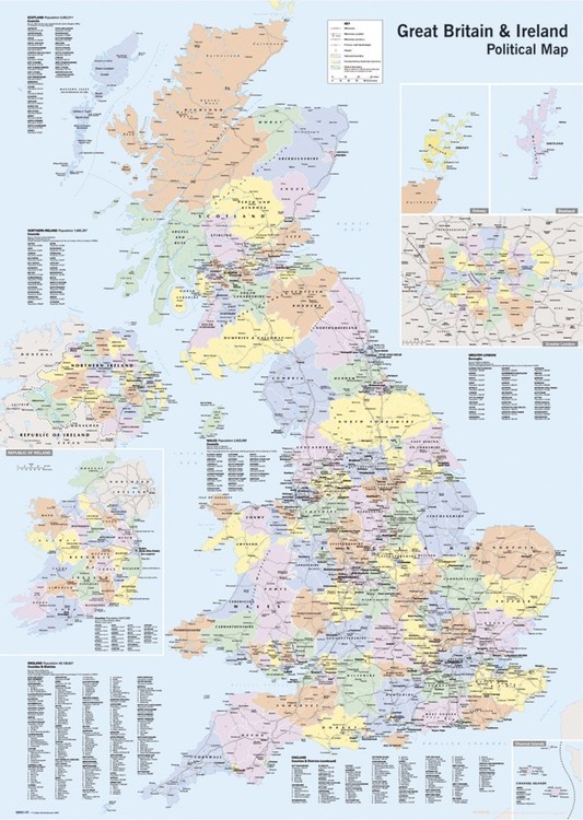 Plakát Mapa Velké Británie a Irska - politická