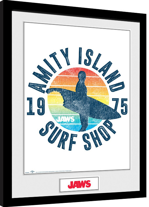 Zarámovaný plagát Čeľuste - Amity Island Surf Shop