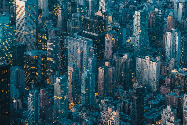 Samolepka Aerial view of New York City skyline at night